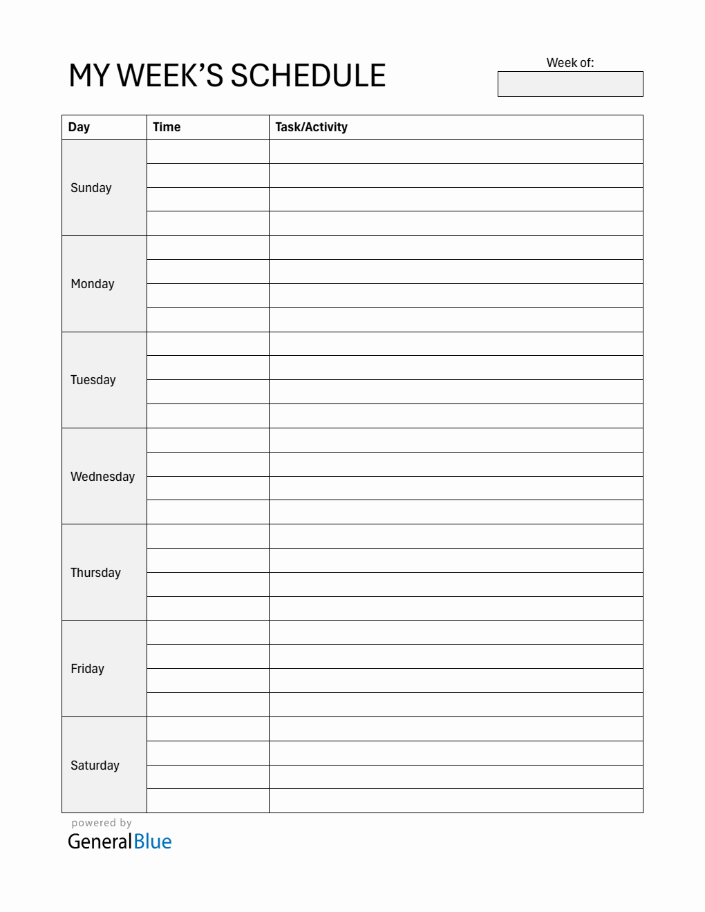 Free Weekly Schedule Template  in PDF (Minimalist)