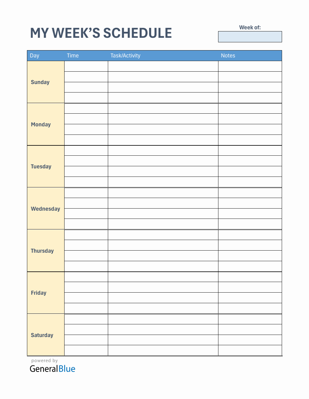 Free Weekly Schedule Template  in Word (Basic)