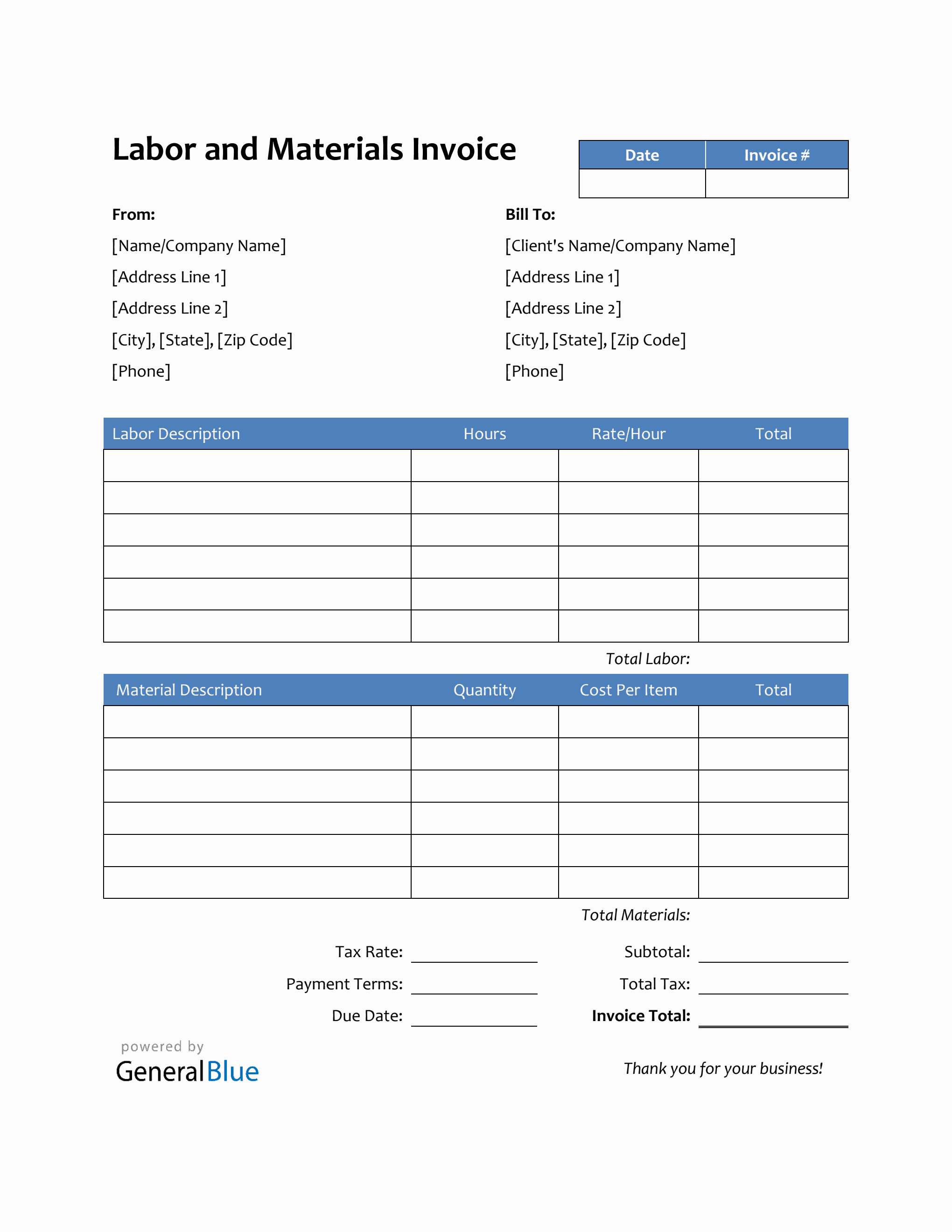 Labor and Materials Invoice in Word (Striped)