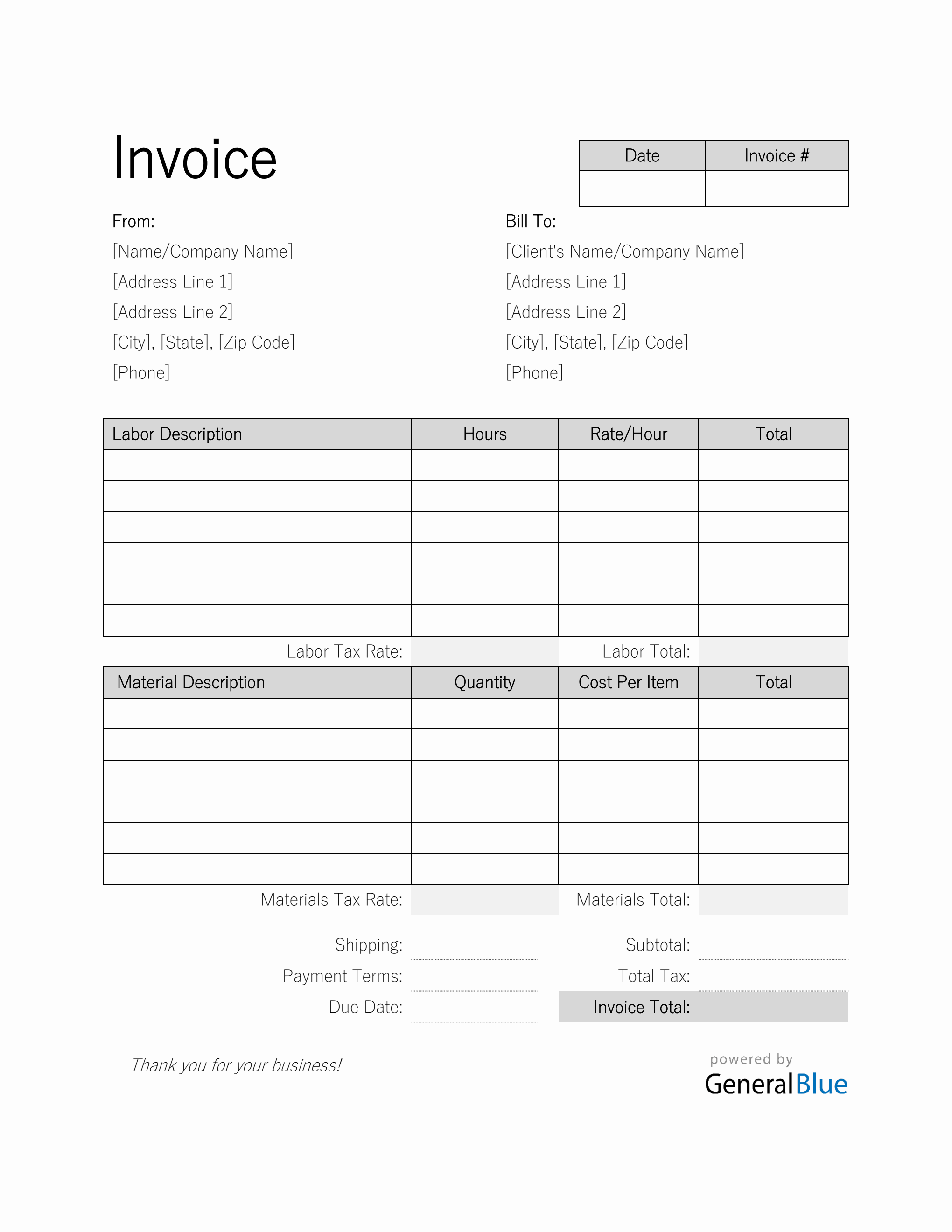 Labor and Materials Invoice in Word (Simple)