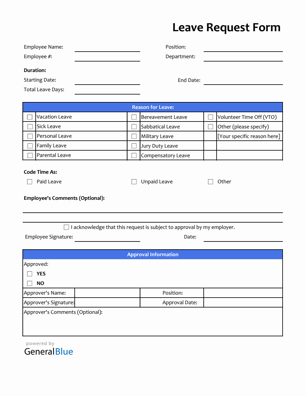 Customizable Leave Request Form in Excel