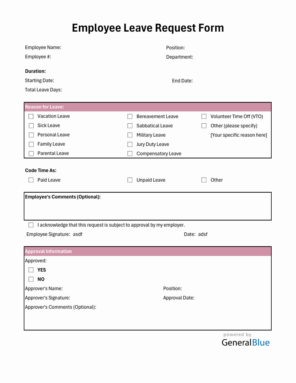 Basic Leave Request Form in Excel