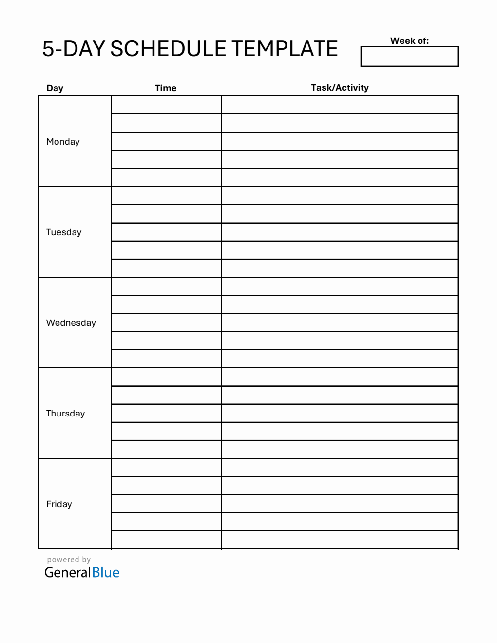 Free Printable Monday to Friday Schedule Template in Excel