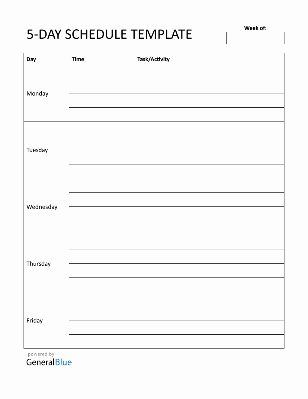 Free Printable Monday to Friday Schedule Template in PDF