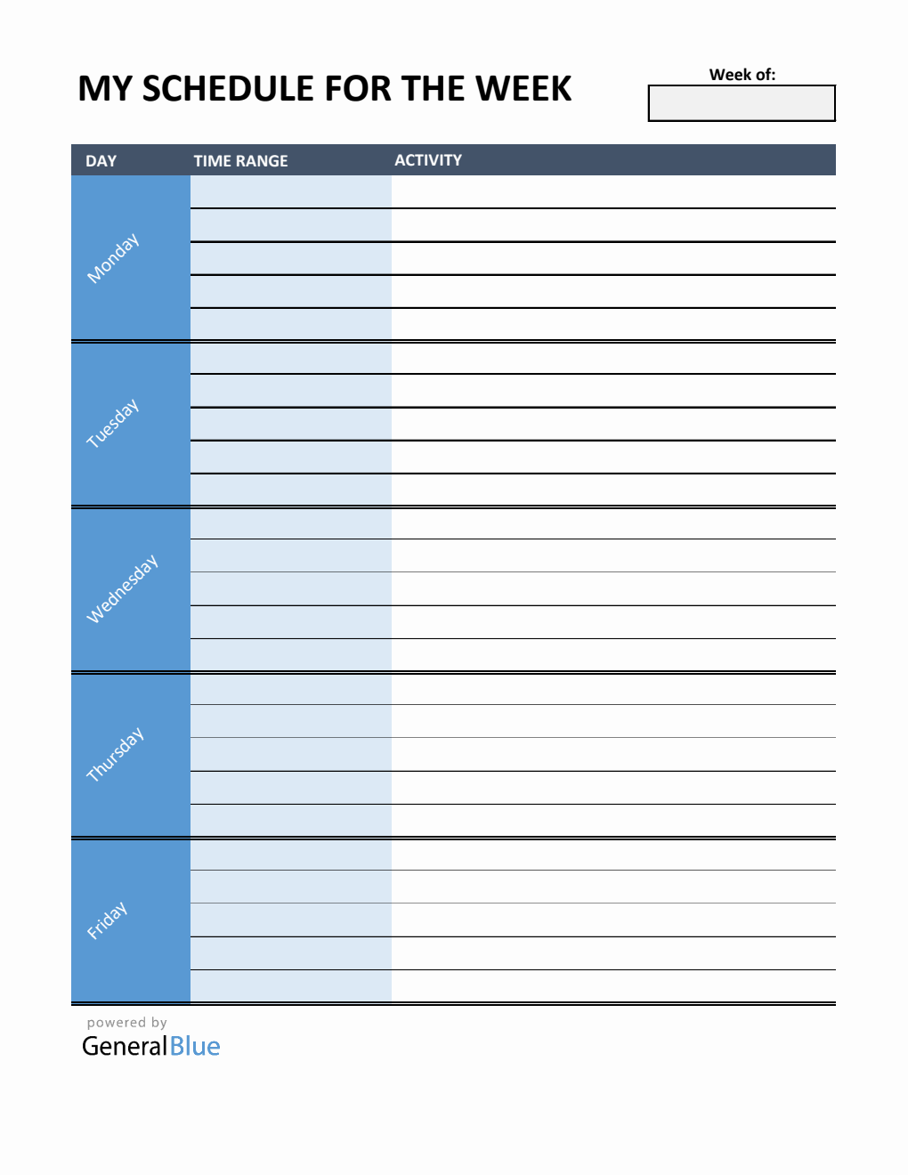 Free Downloadable Monday to Friday Schedule Template in Excel