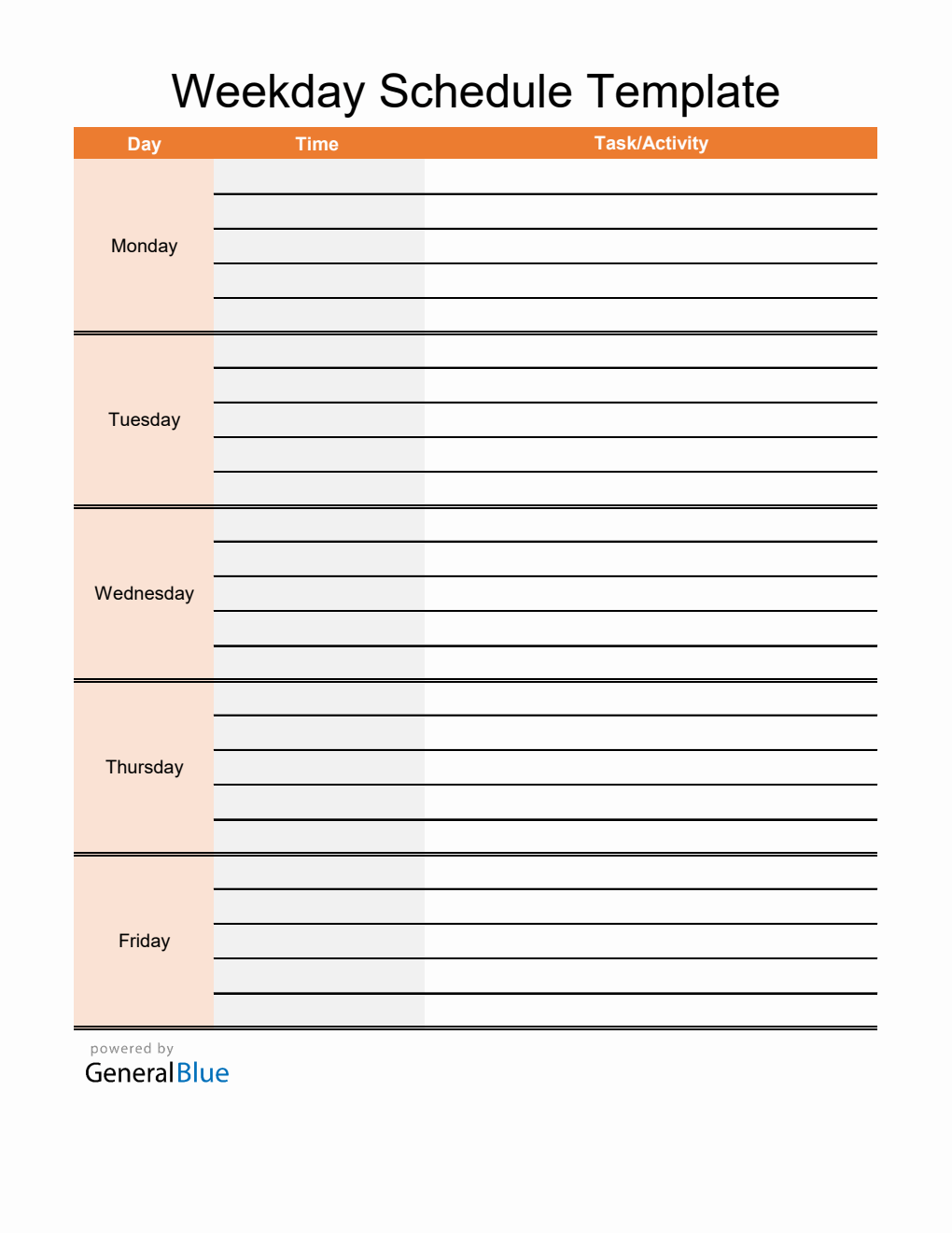 Free Editable Monday to Friday Schedule Template in Excel