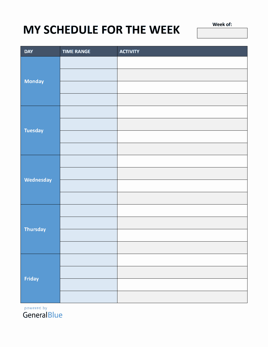 Free Downloadable Monday to Friday Schedule Template in PDF