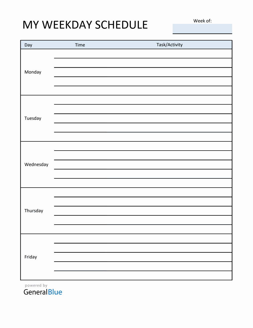 Free Customizable Monday to Friday Schedule Template in Excel