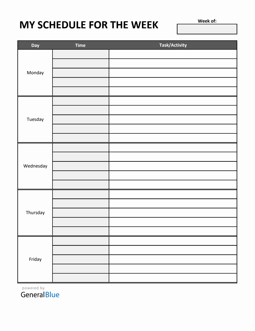 Free Basic Monday to Friday Schedule Template in Excel