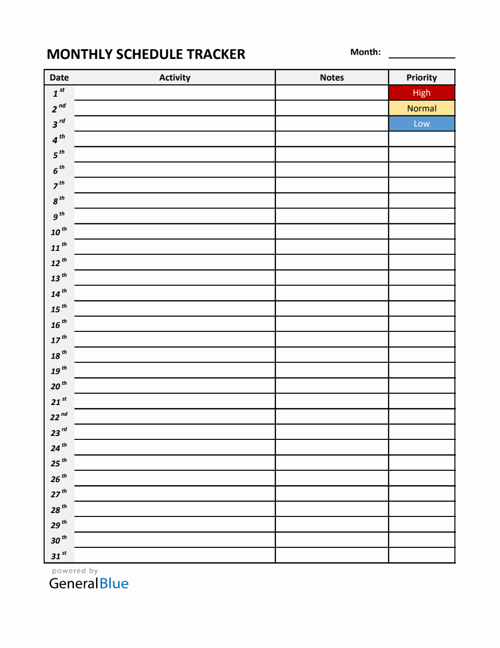 Free  Schedule Template with Prioritization in Excel