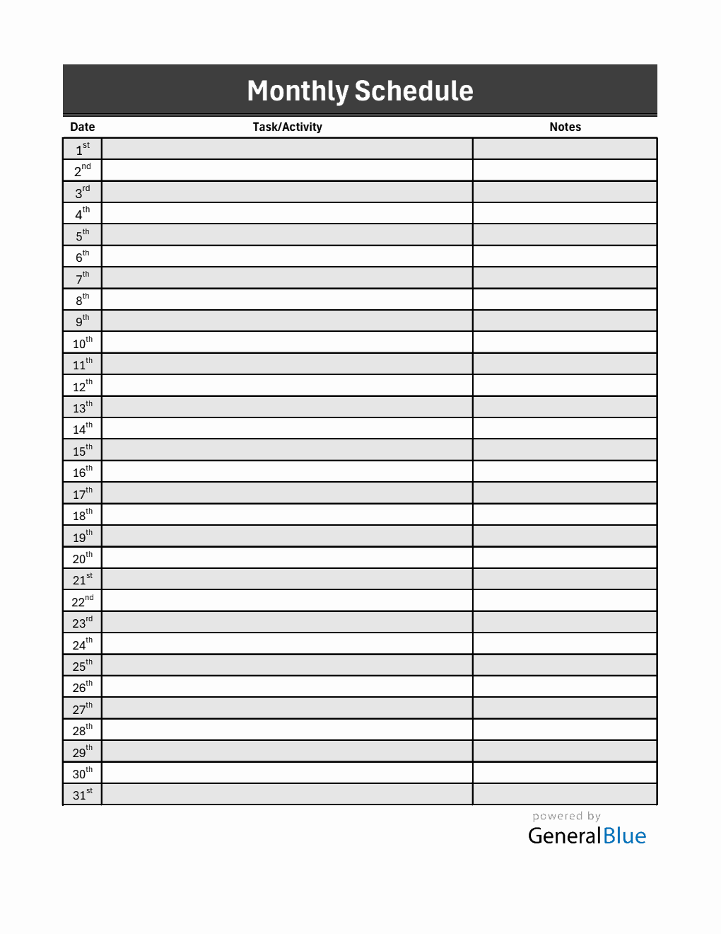 Free Striped Monthly Schedule Template in Excel