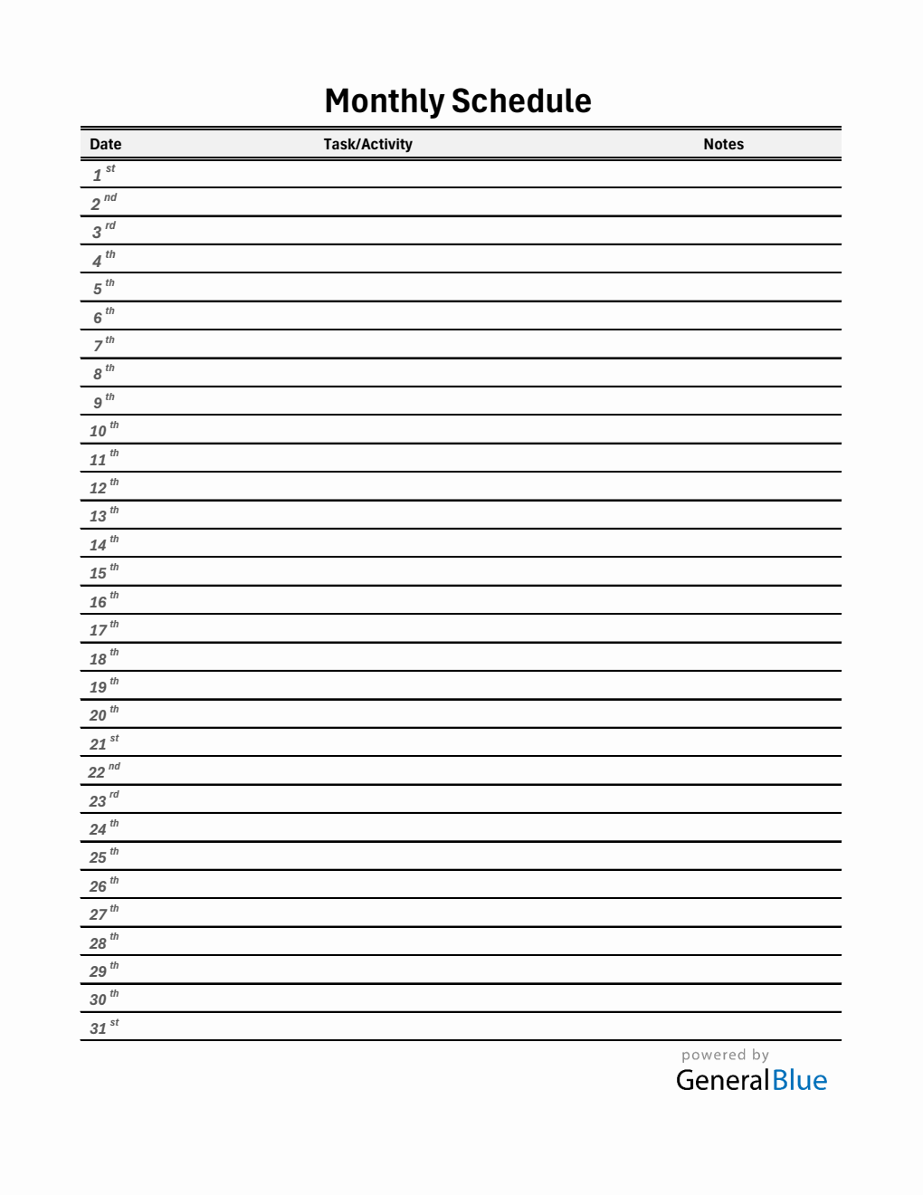 Free Basic Monthly Schedule Template in Excel