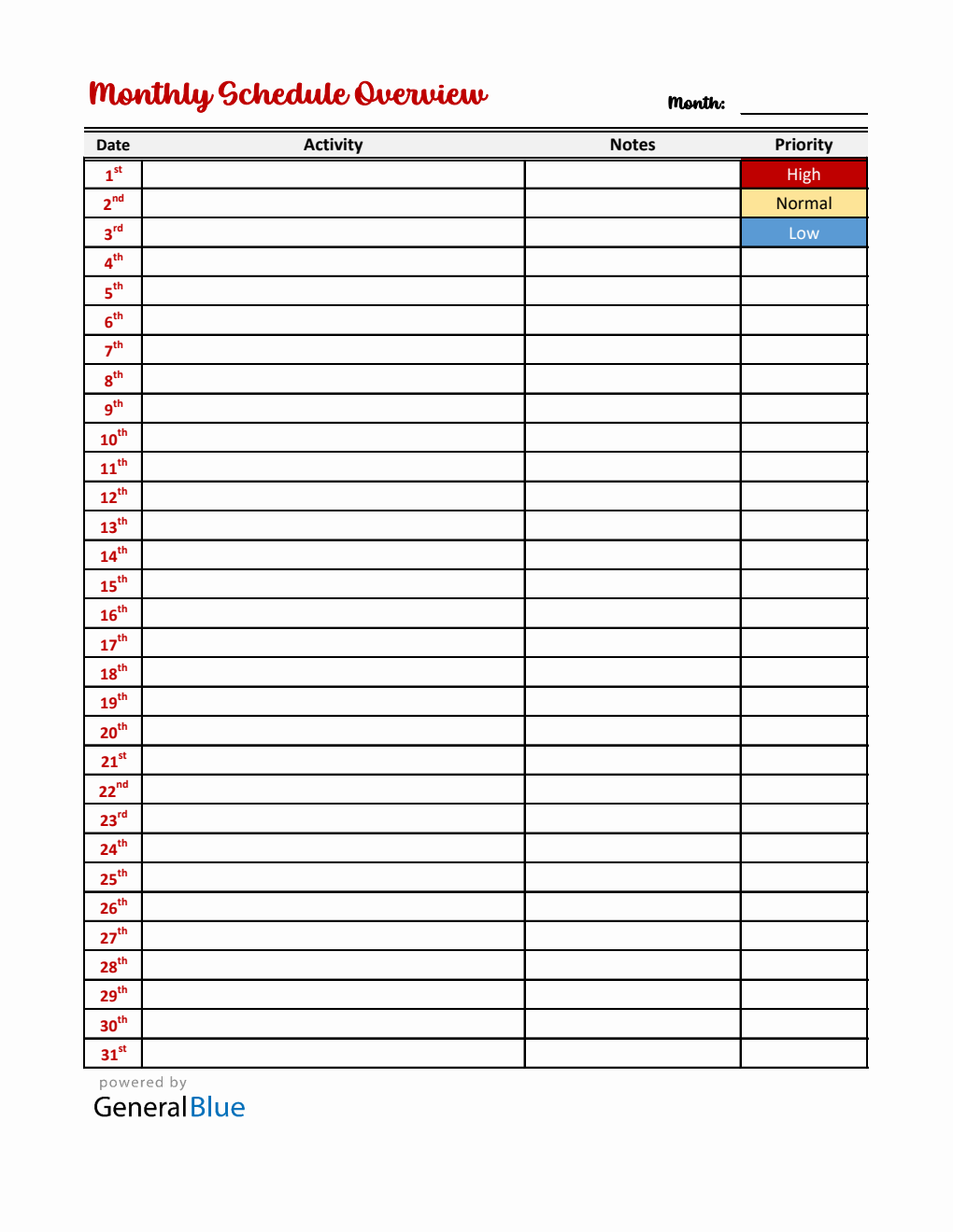 Free Simple Schedule Template with Prioritization in Excel