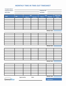 Monthly Time In Time Out Timesheet in Word