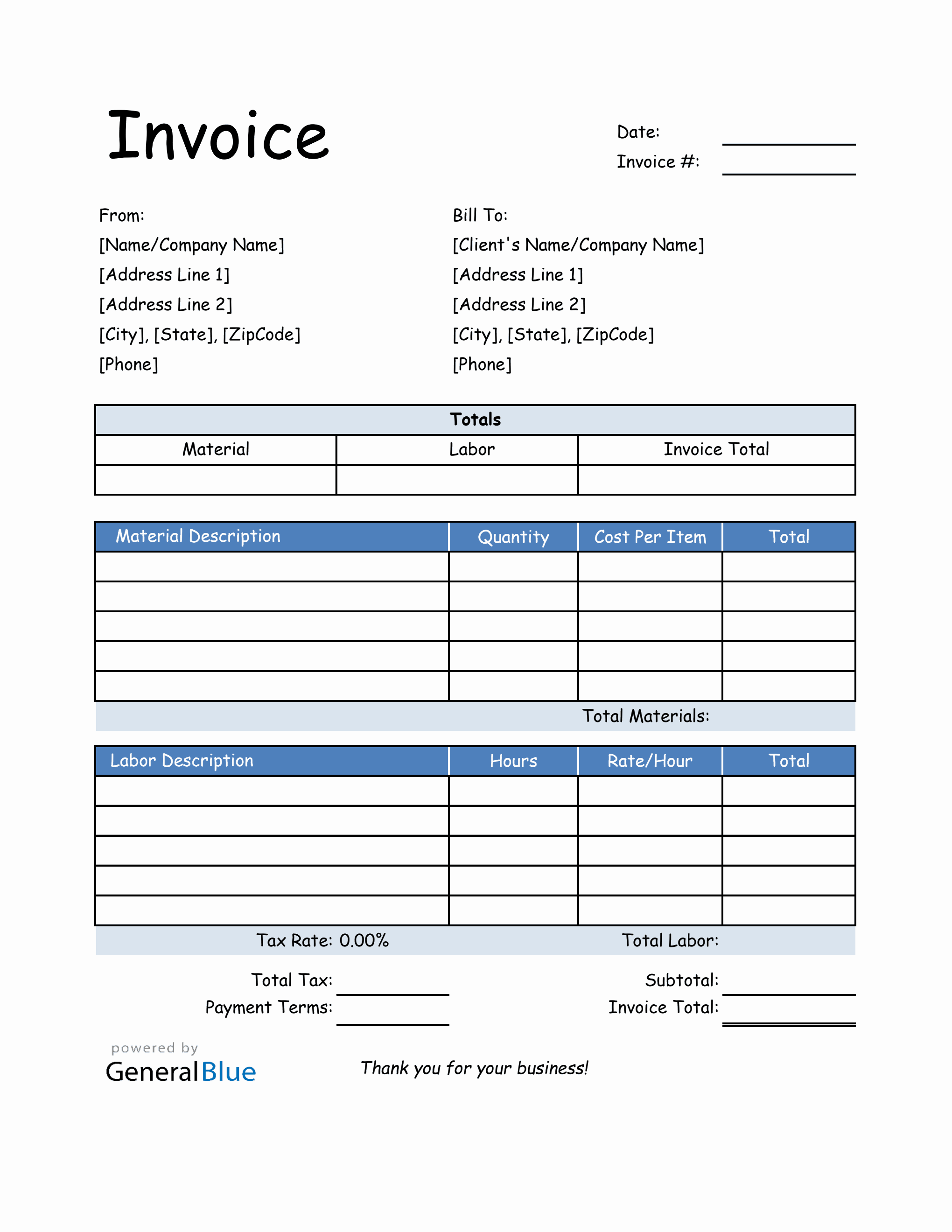 Parts and Labor Invoice in Excel (Blue)