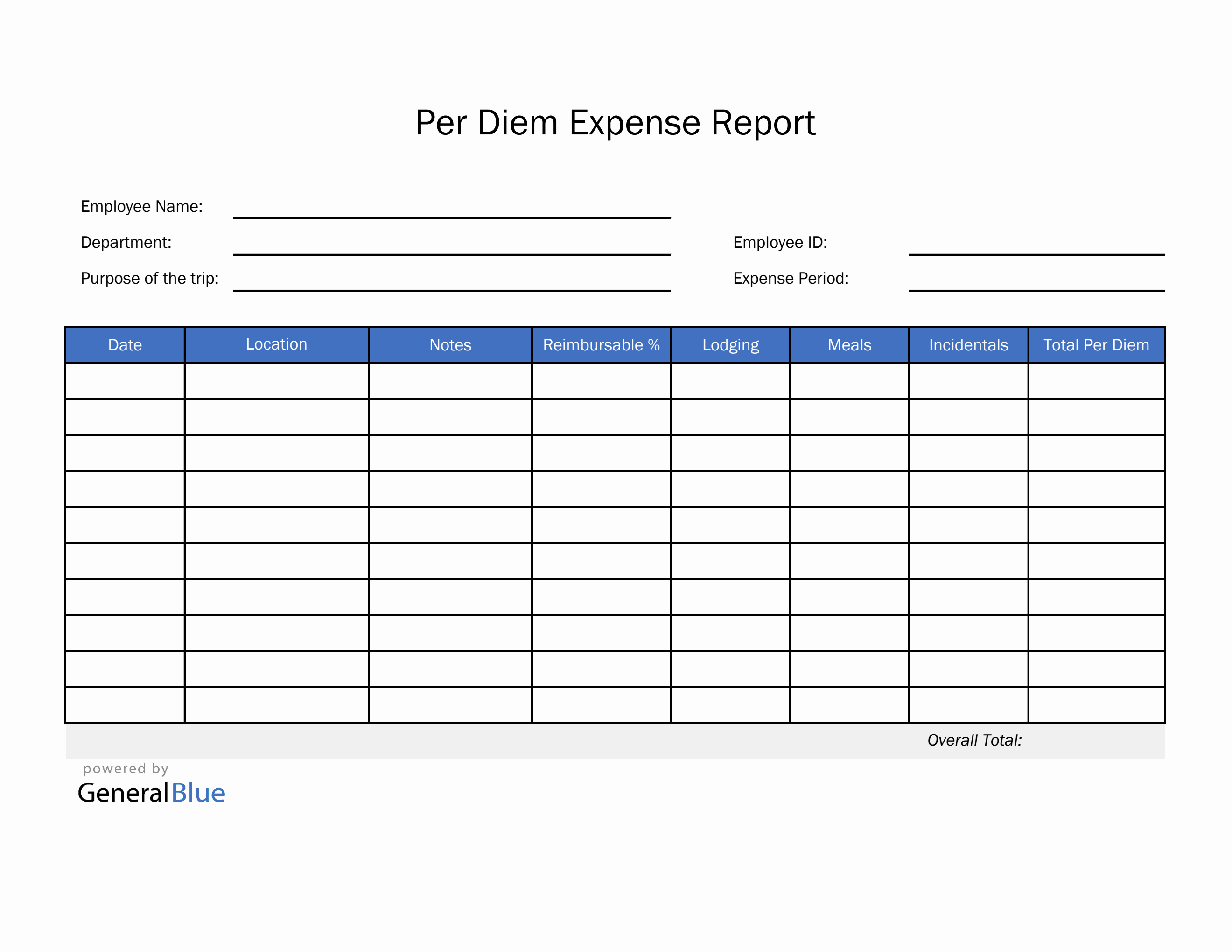 Per Diem Expense Report Template In Excel Blue 