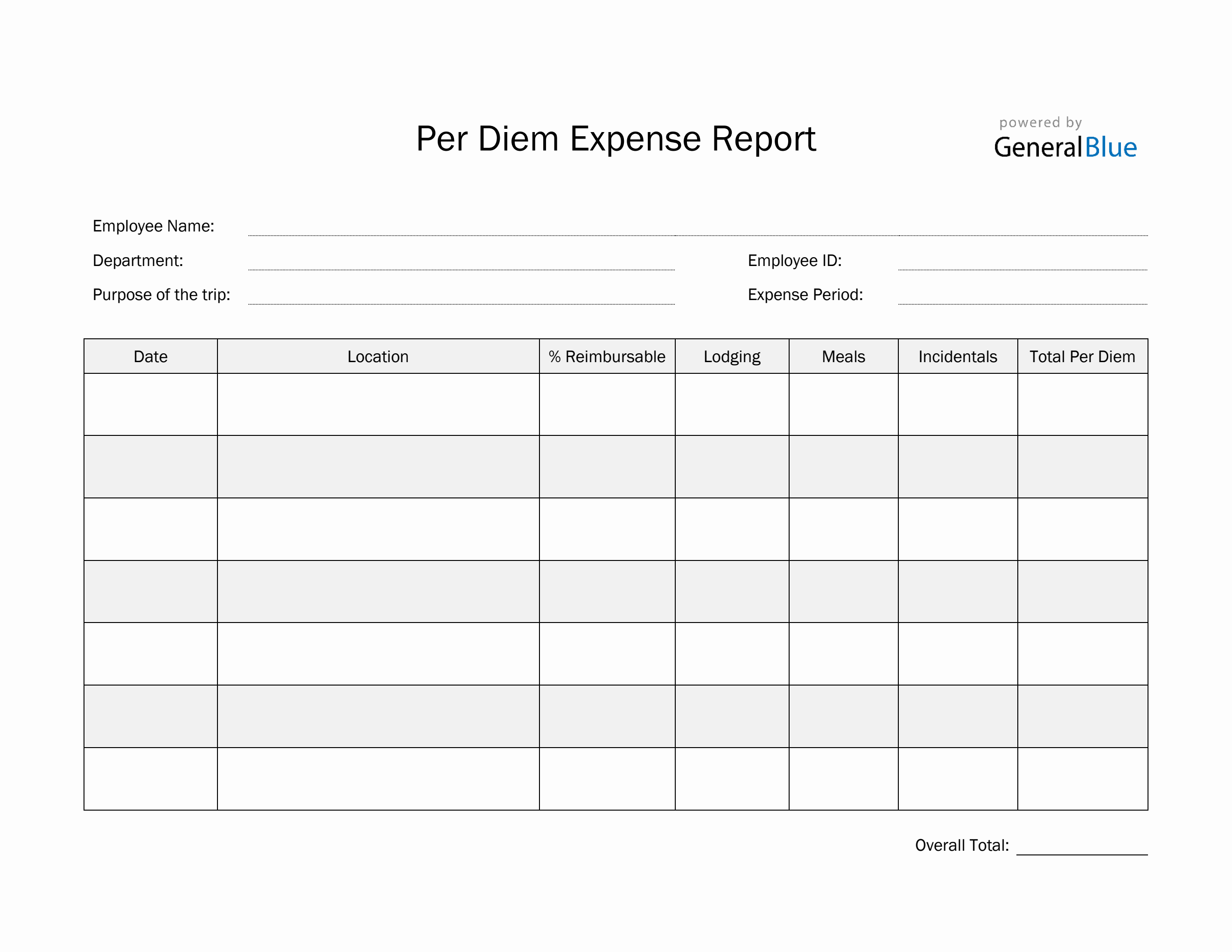 Per Diem Expense Report Template in PDF (Striped)