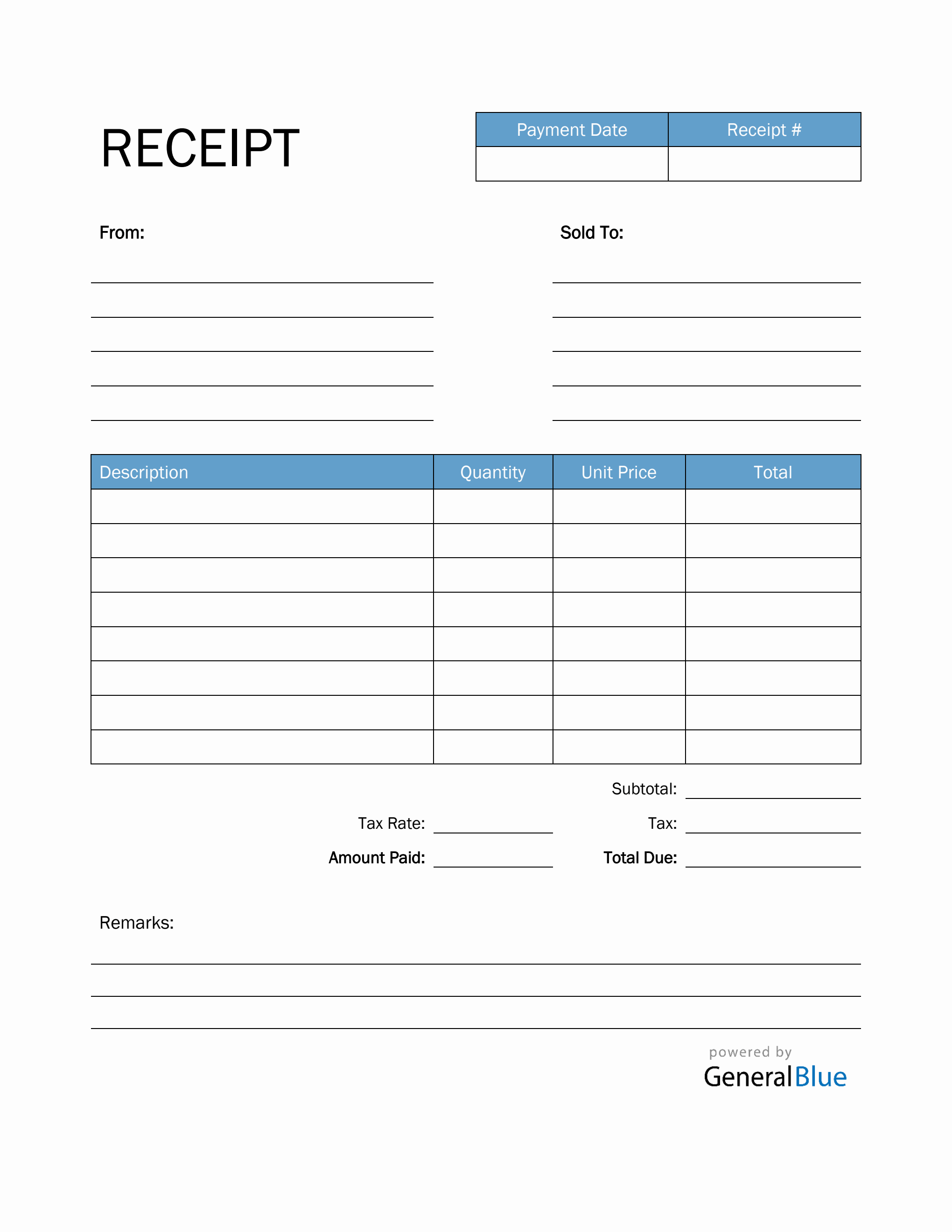 printable receipt template in pdf blue