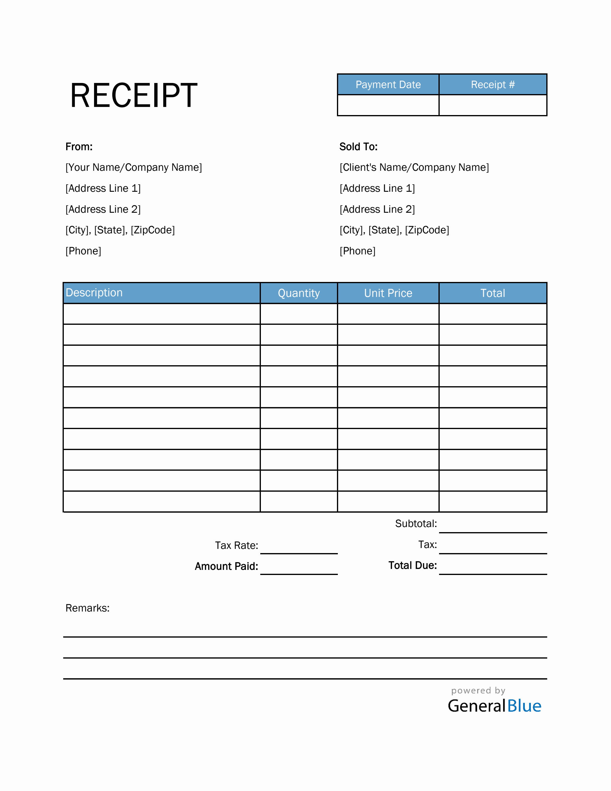 printable receipt template in excel blue