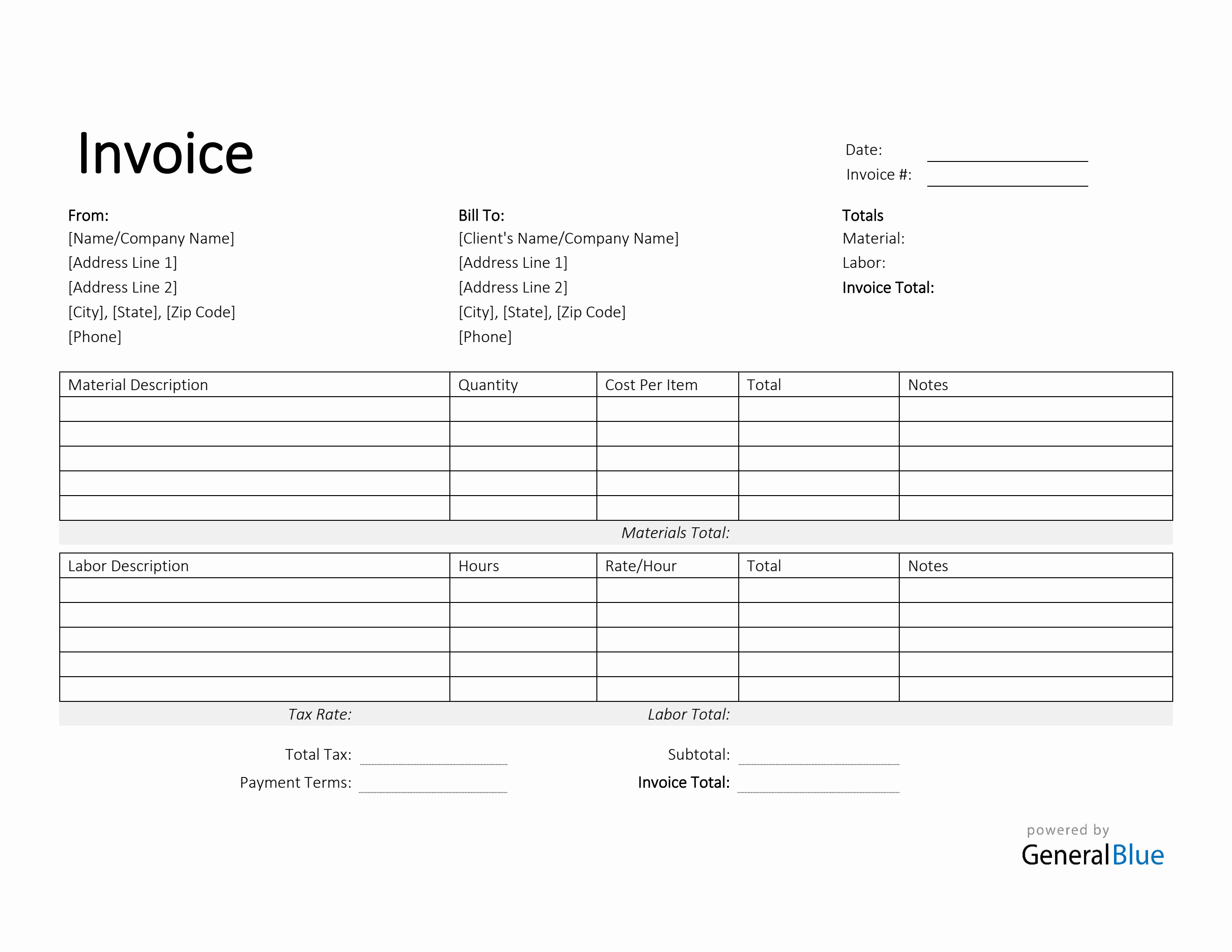 Printable Time and Materials Invoice in Word (Simple)