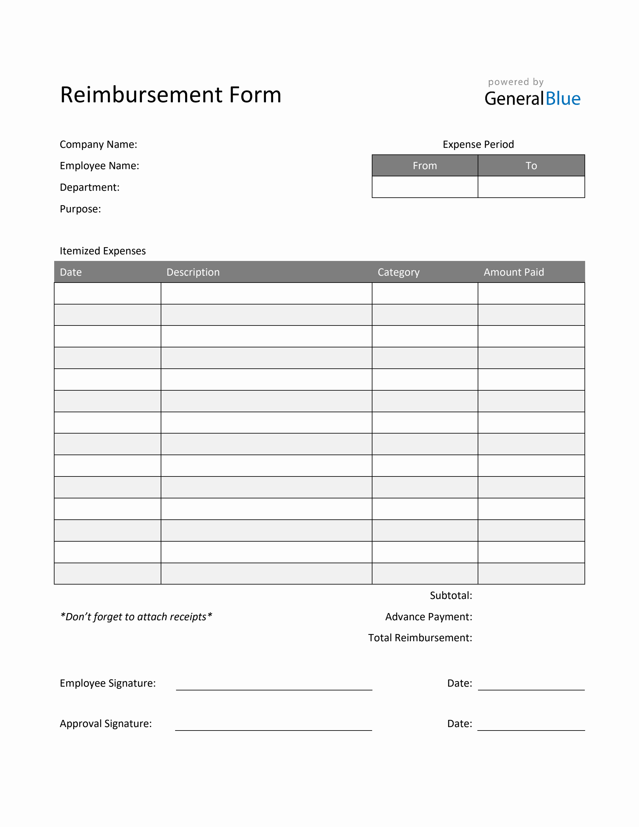 Reimbursement Form in Word (Striped)