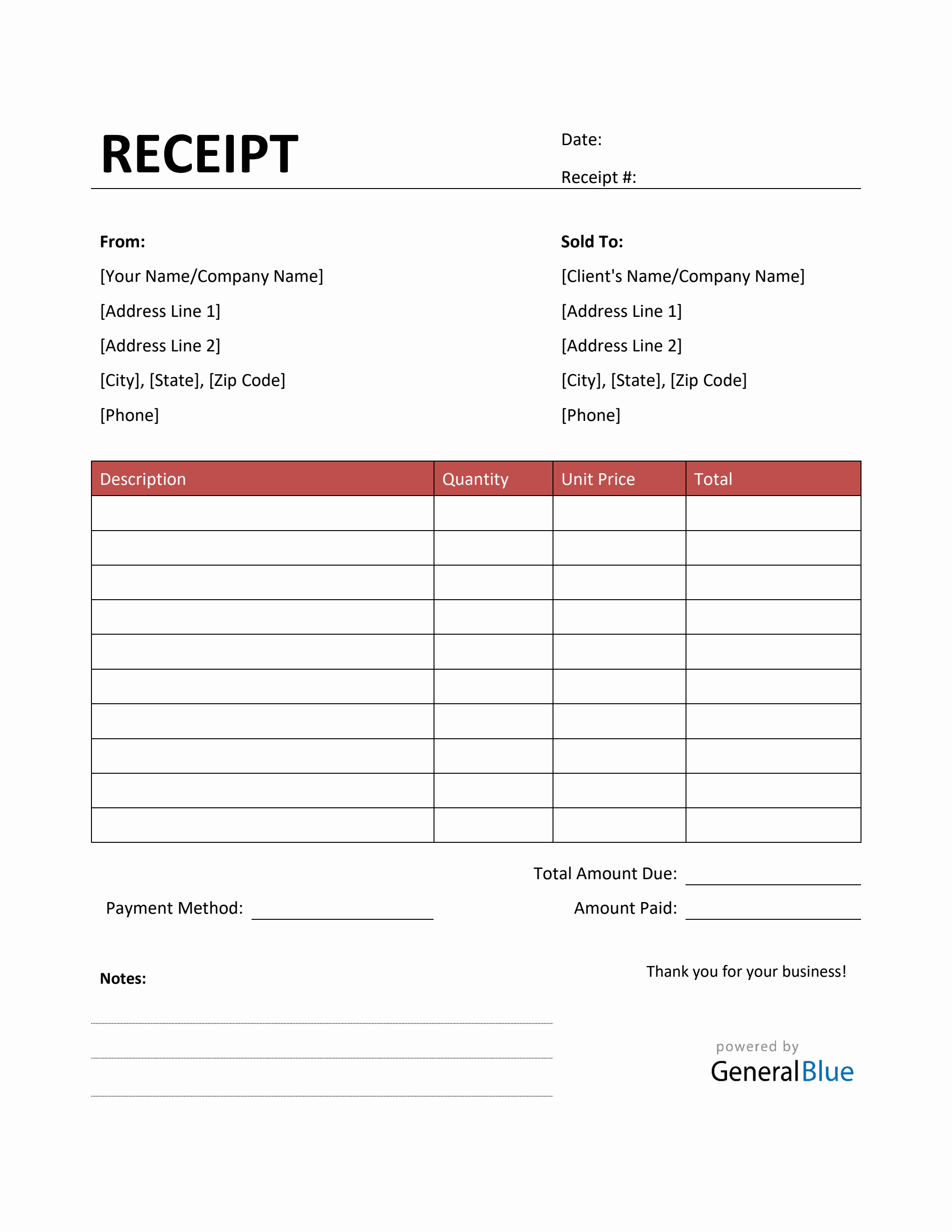 simple receipt template in word red