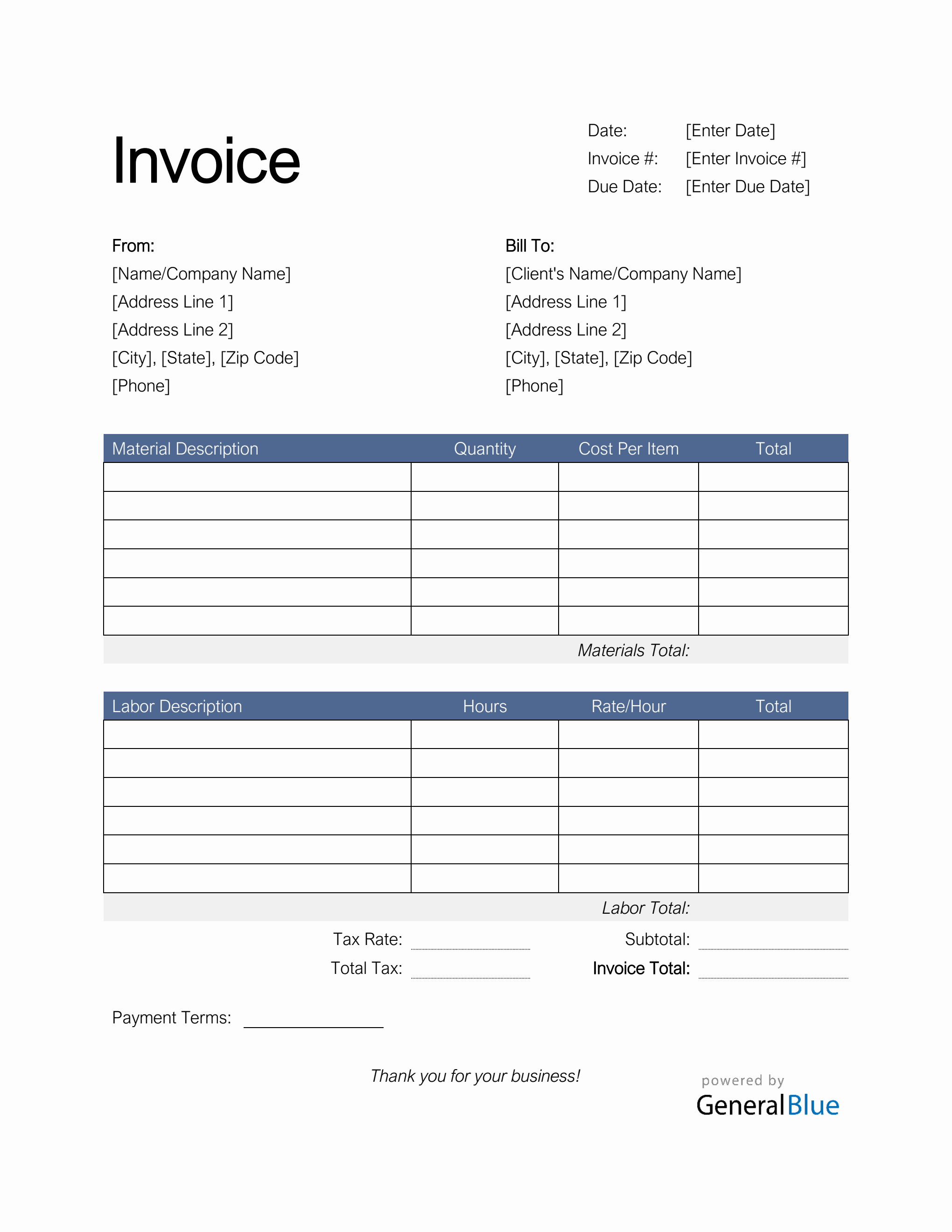 Time and Materials Invoice with Tax Calculation in Word (Colorful)