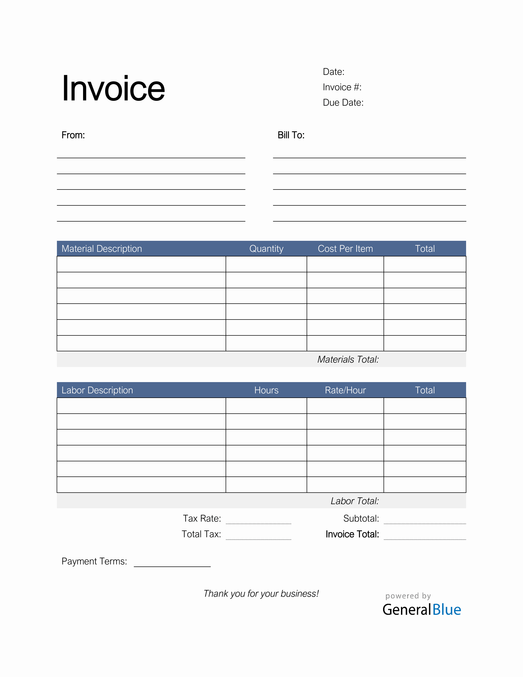 Time and Materials Invoice with Tax Calculation in PDF (Colorful)