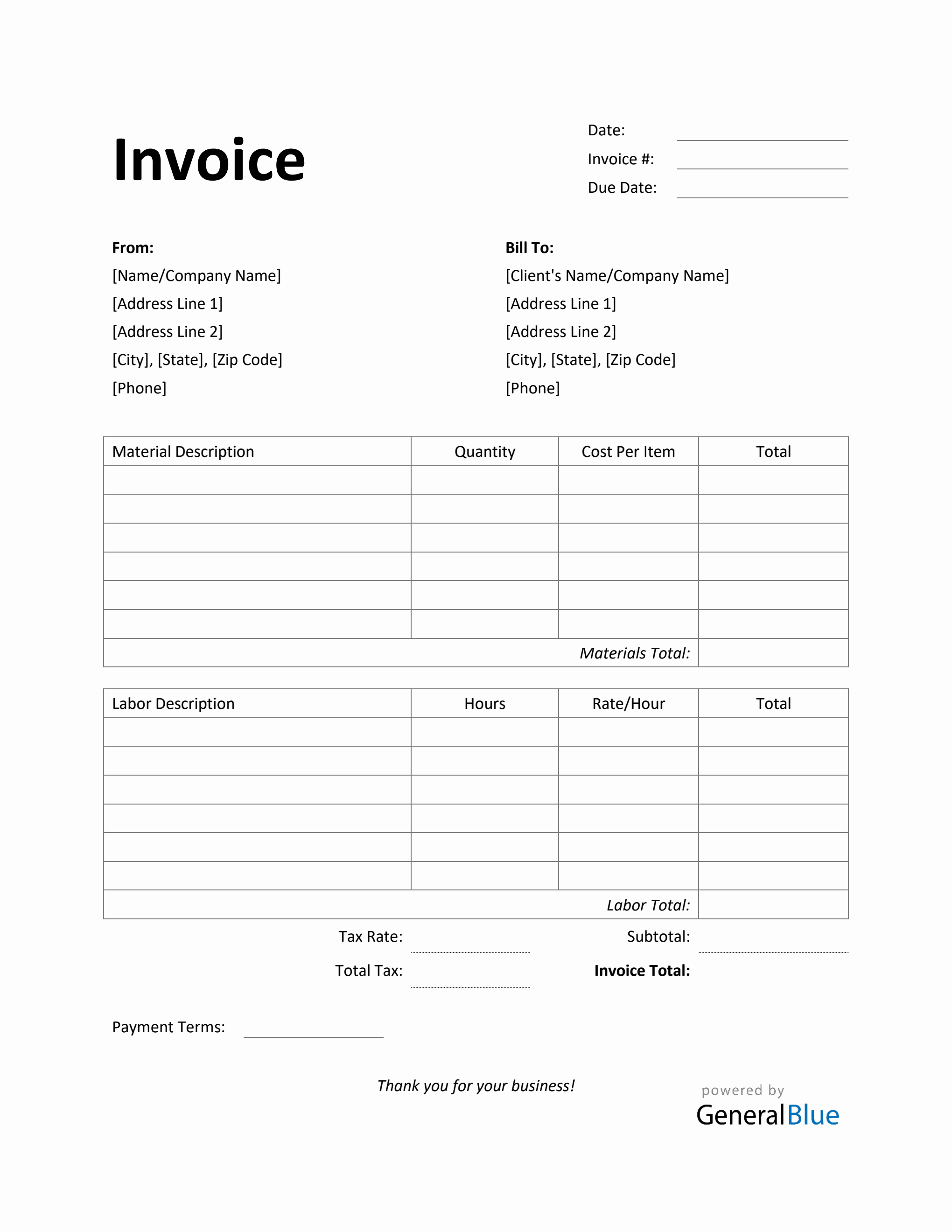 Time and Materials Invoice with Tax Calculation in Word (Simple)