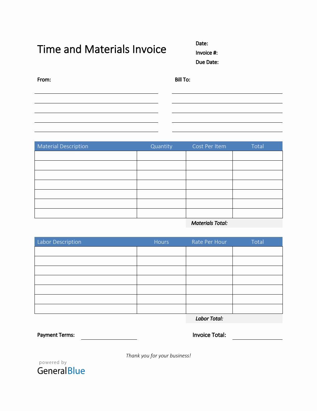 Time and Materials Invoice in PDF (Blue)