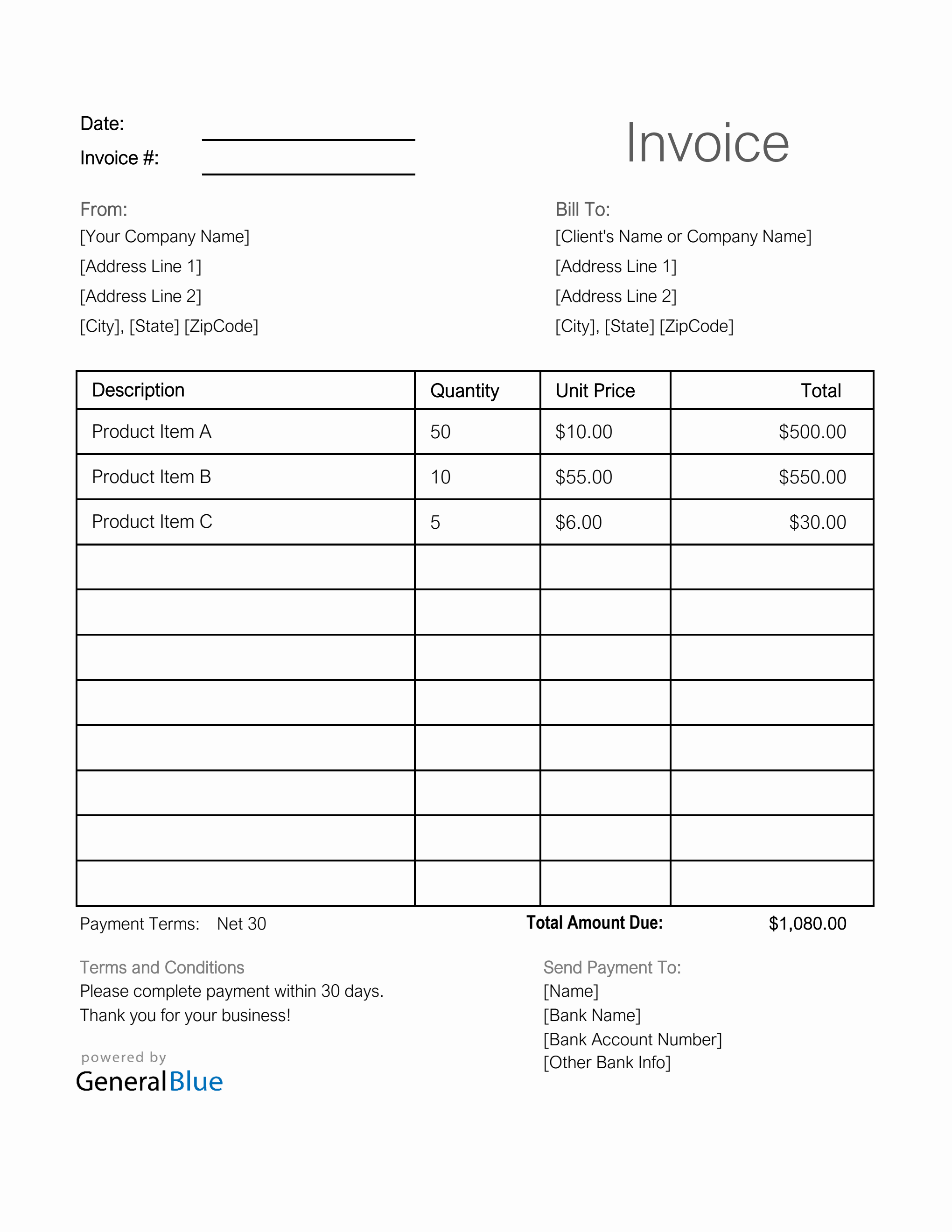 U.S. Invoice Template in Excel (Printable)