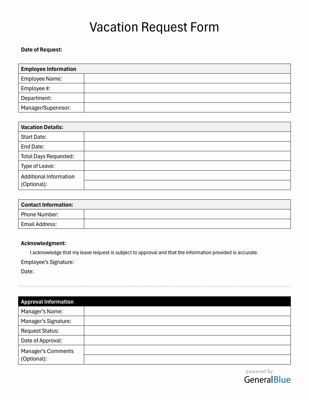 Free Blank Vacation Request Form in PDF