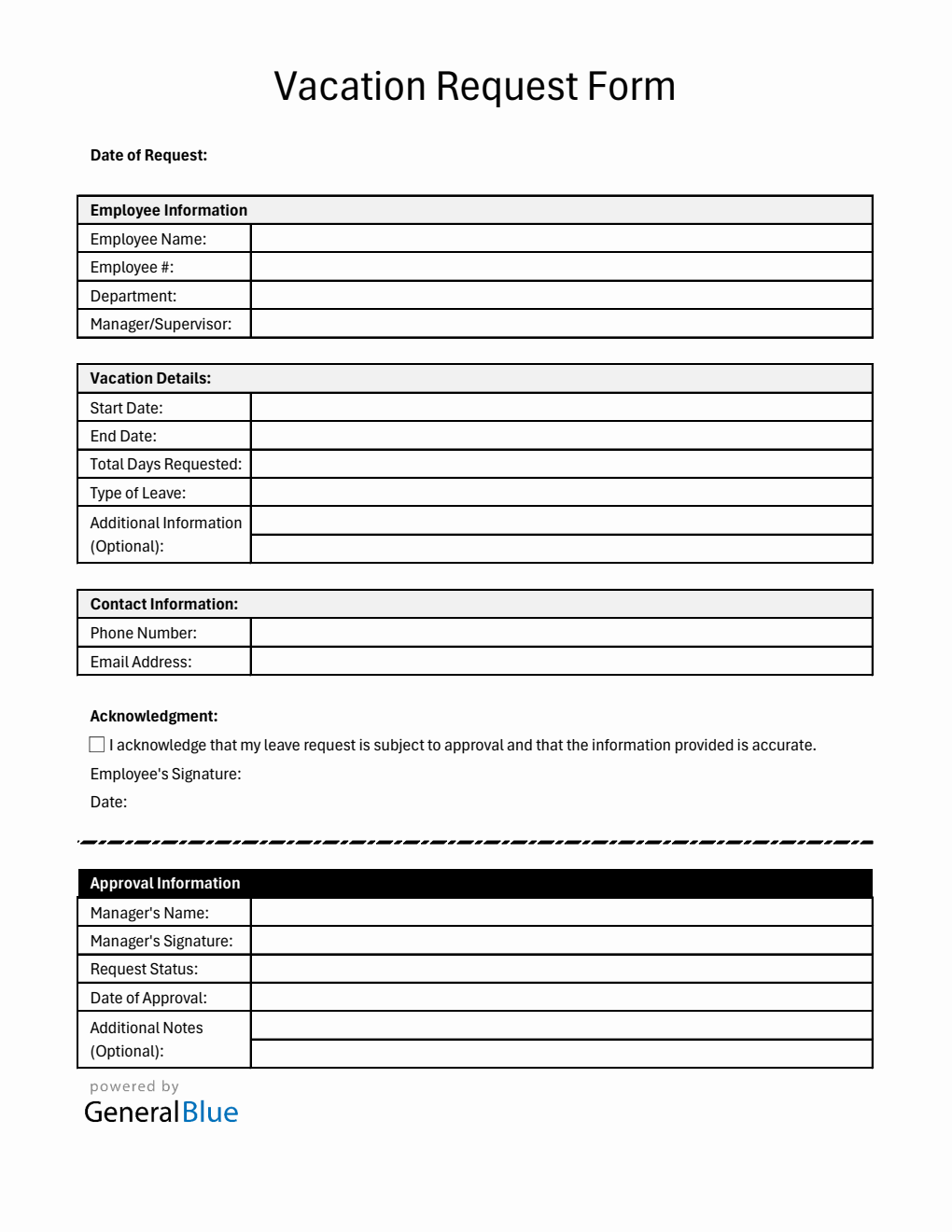 Free Blank Vacation Request Form in Excel