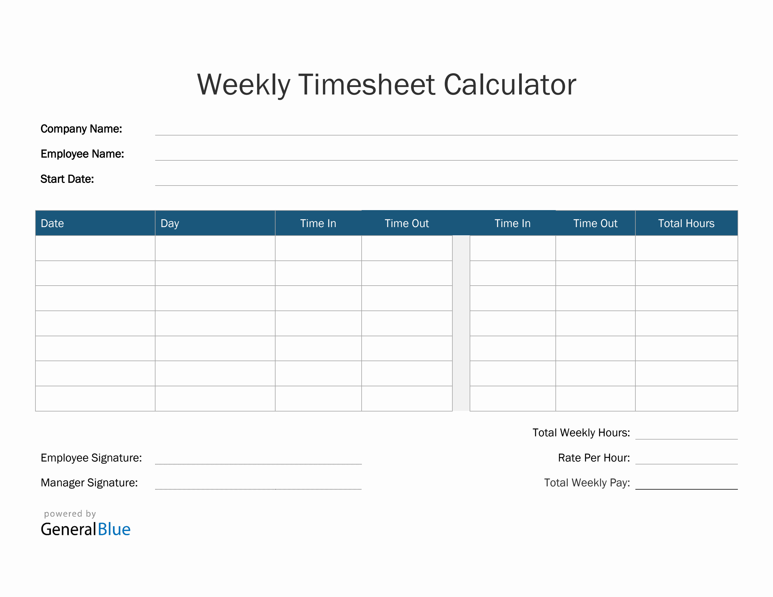 Weekly Timesheet Calculator in Word (Blue)