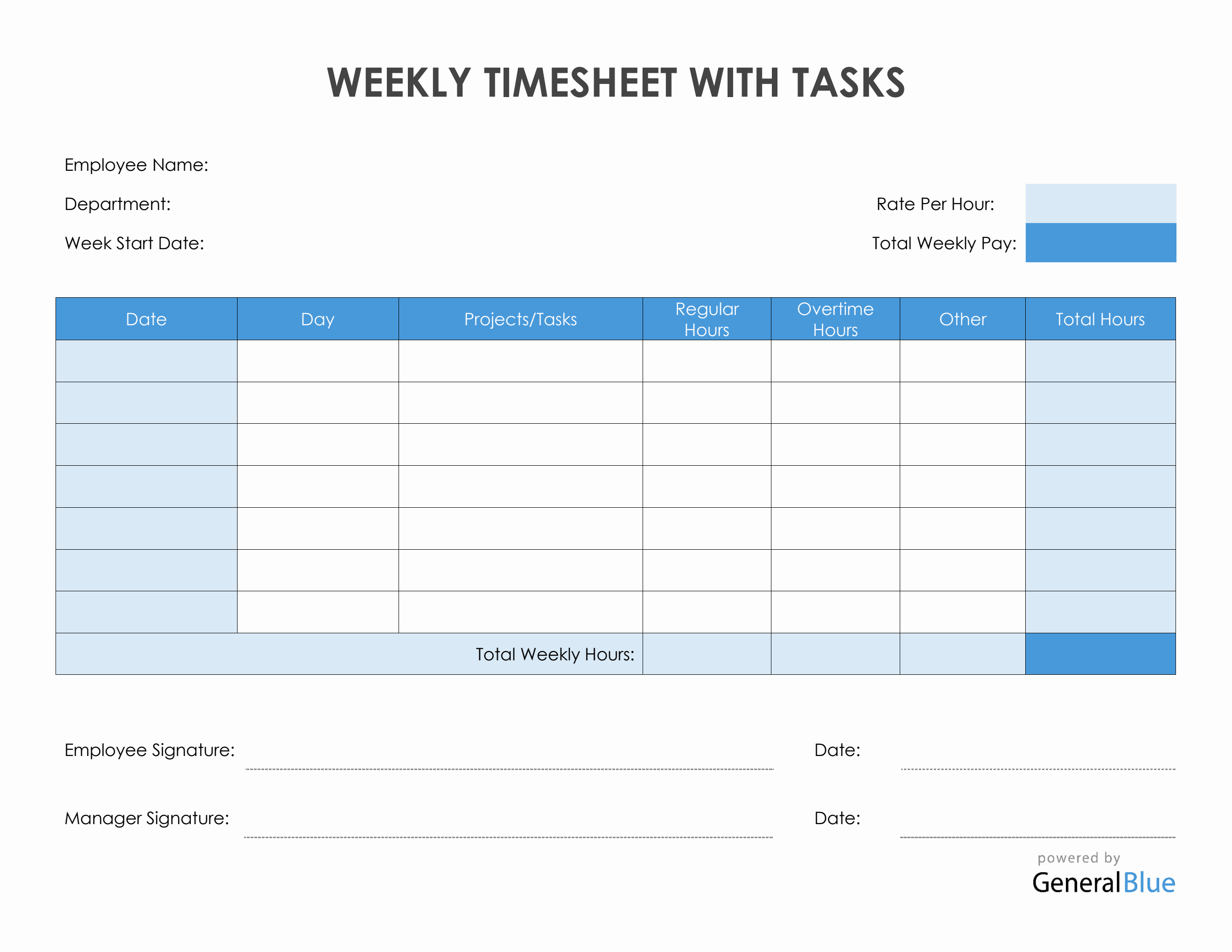 Weekly Timesheet With Tasks in PDF